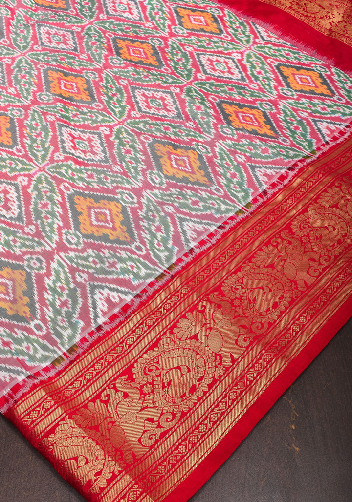 Ikkat Kanjivaram Fusion Silk Saree with Wide Zari Border | SILK MARK CERTIFIED