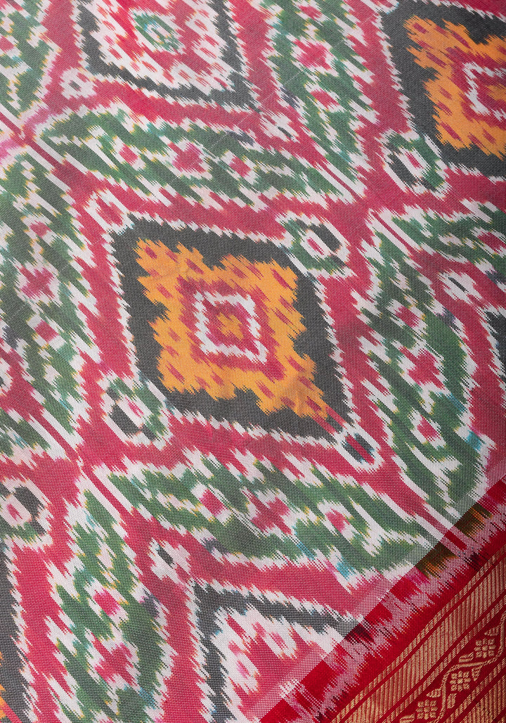 Ikkat Kanjivaram Fusion Silk Saree with Wide Zari Border | SILK MARK CERTIFIED