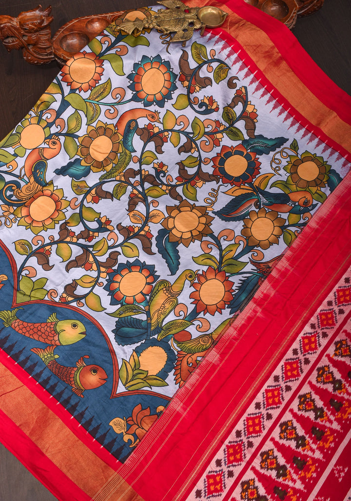 Heather Blue Kalamkari Shikargah theme Digital print Pure Silk saree with zari Border and ikkat pallu  | SILK MARK CERTIFIED