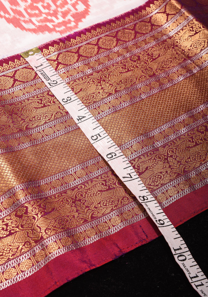 Exquisite White and Peach Ikkat Mandala design Fusion Pure Silk Saree with Gadwal Style Border | SILK MARK CERTIFIED