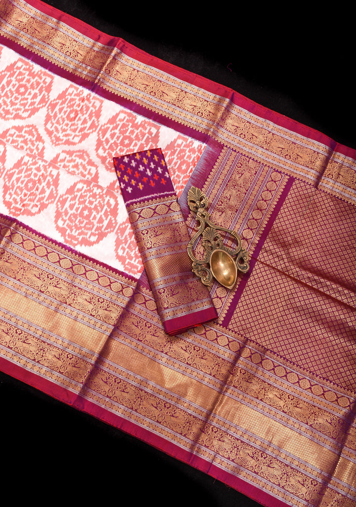 Exquisite White and Peach Ikkat Mandala design Fusion Pure Silk Saree with Gadwal Style Border | SILK MARK CERTIFIED