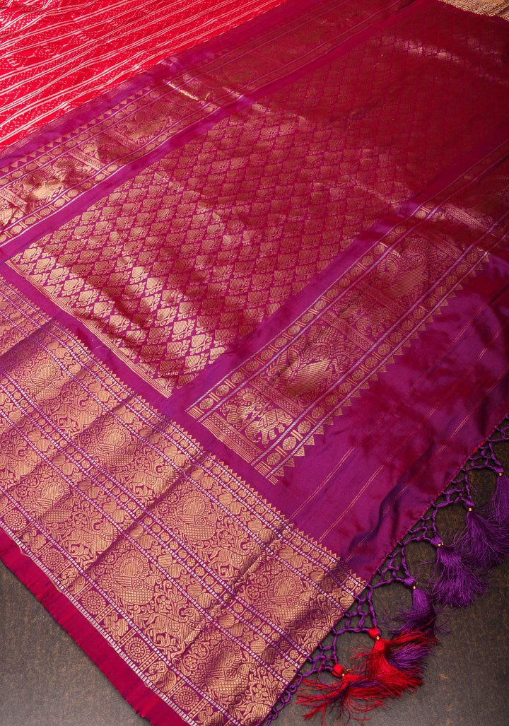 Red Pure Kanjivaram Silk Saree with Geometric Ikkat Weave and Contrast Zari Border | SILK MARK CERTIFIED
