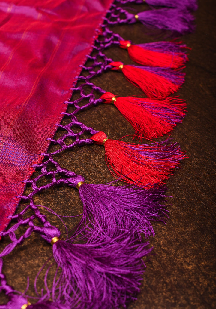 Red Pure Kanjivaram Silk Saree with Geometric Ikkat Weave and Contrast Zari Border | SILK MARK CERTIFIED