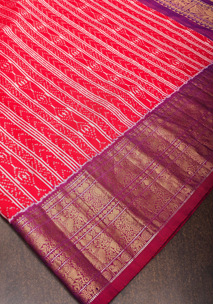Red Pure Kanjivaram Silk Saree with Geometric Ikkat Weave and Contrast Zari Border | SILK MARK CERTIFIED