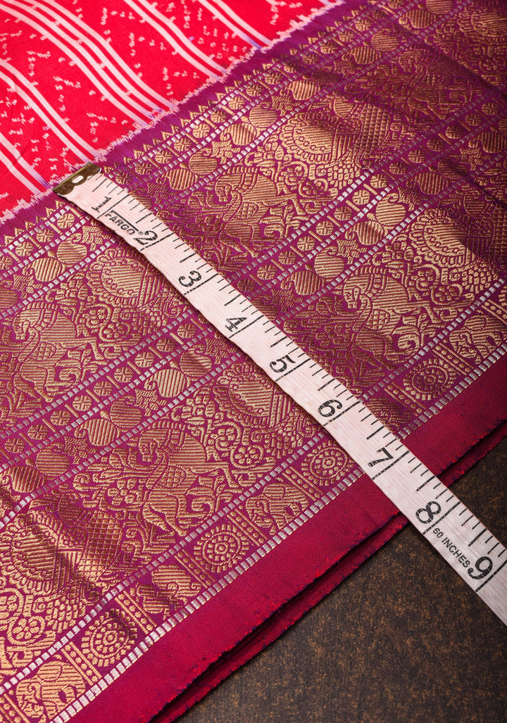 Red Pure Kanjivaram Silk Saree with Geometric Ikkat Weave and Contrast Zari Border | SILK MARK CERTIFIED