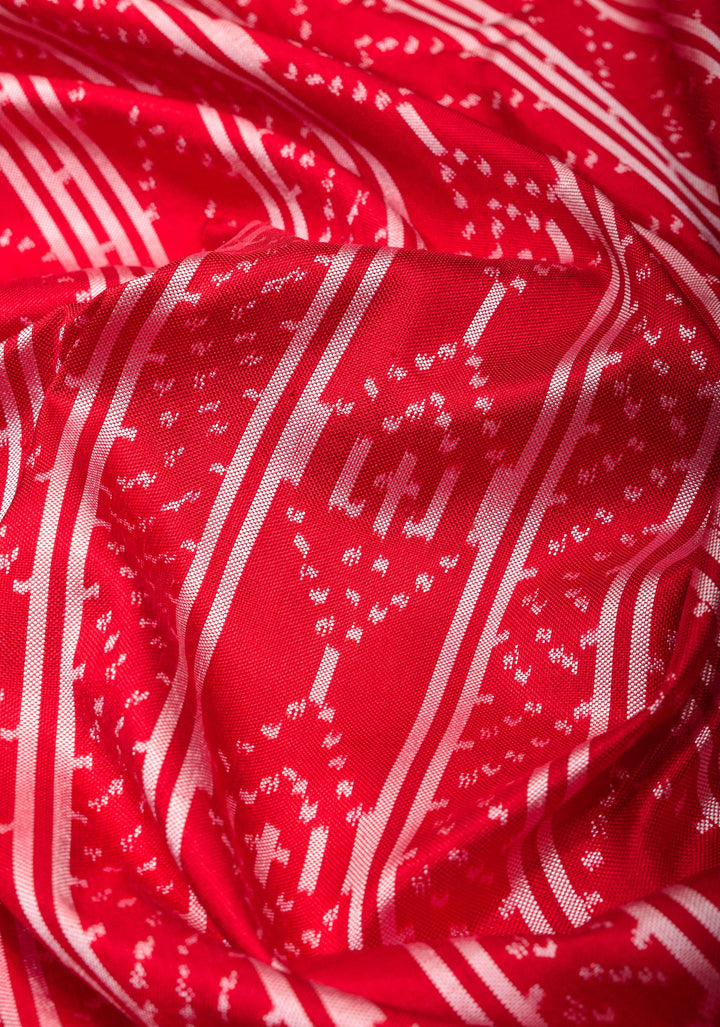 Red Pure Kanjivaram Silk Saree with Geometric Ikkat Weave and Contrast Zari Border | SILK MARK CERTIFIED