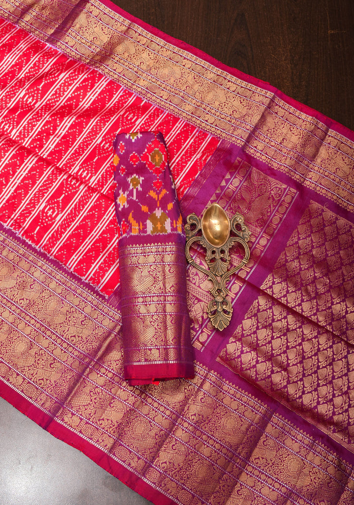 Red Pure Kanjivaram Silk Saree with Geometric Ikkat Weave and Contrast Zari Border | SILK MARK CERTIFIED