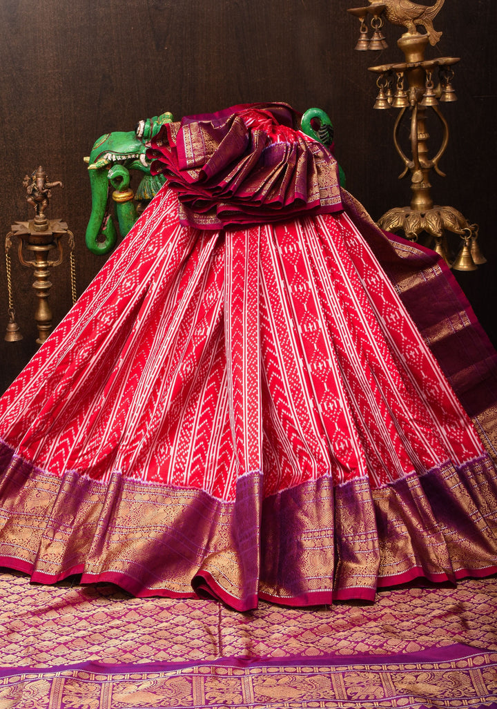 Red Pure Kanjivaram Silk Saree with Geometric Ikkat Weave and Contrast Zari Border | SILK MARK CERTIFIED