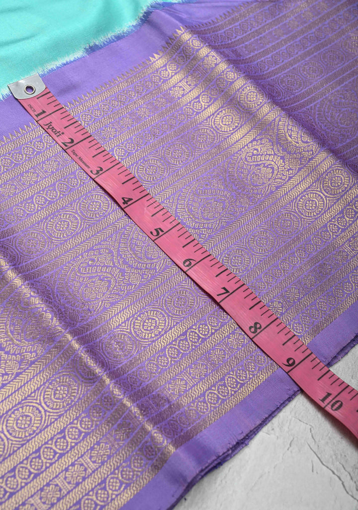 Aqua Blue Ikkat Kanjivaram Fusion Silk Saree with Gold-Silver Buttas and Contrast Zari Border | SILK MARK CERTIFIED