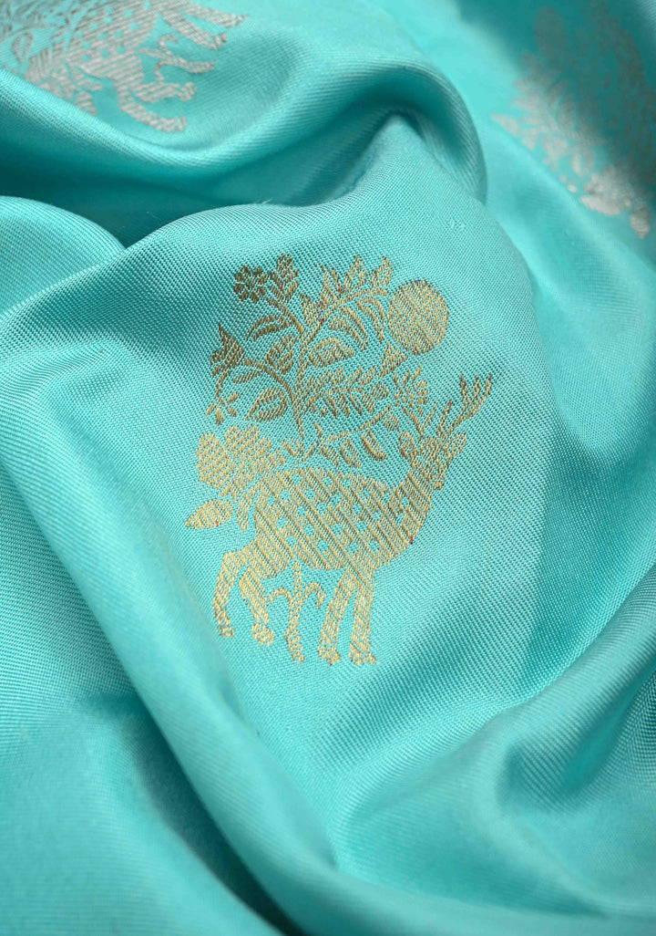 Aqua Blue Ikkat Kanjivaram Fusion Silk Saree with Gold-Silver Buttas and Contrast Zari Border | SILK MARK CERTIFIED