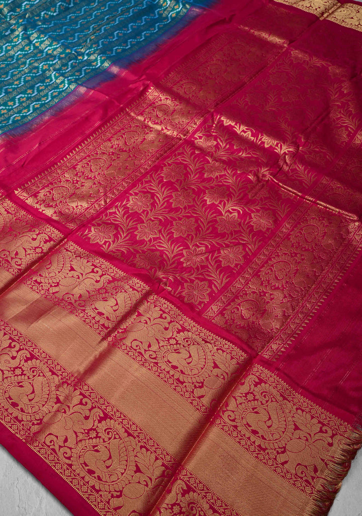 Rama Green Ikkat Kanjivaram Fusion Silk Saree with Ornate Zari Stripes and Contrast Wide Zari Border | SILK MARK CERTIFIED