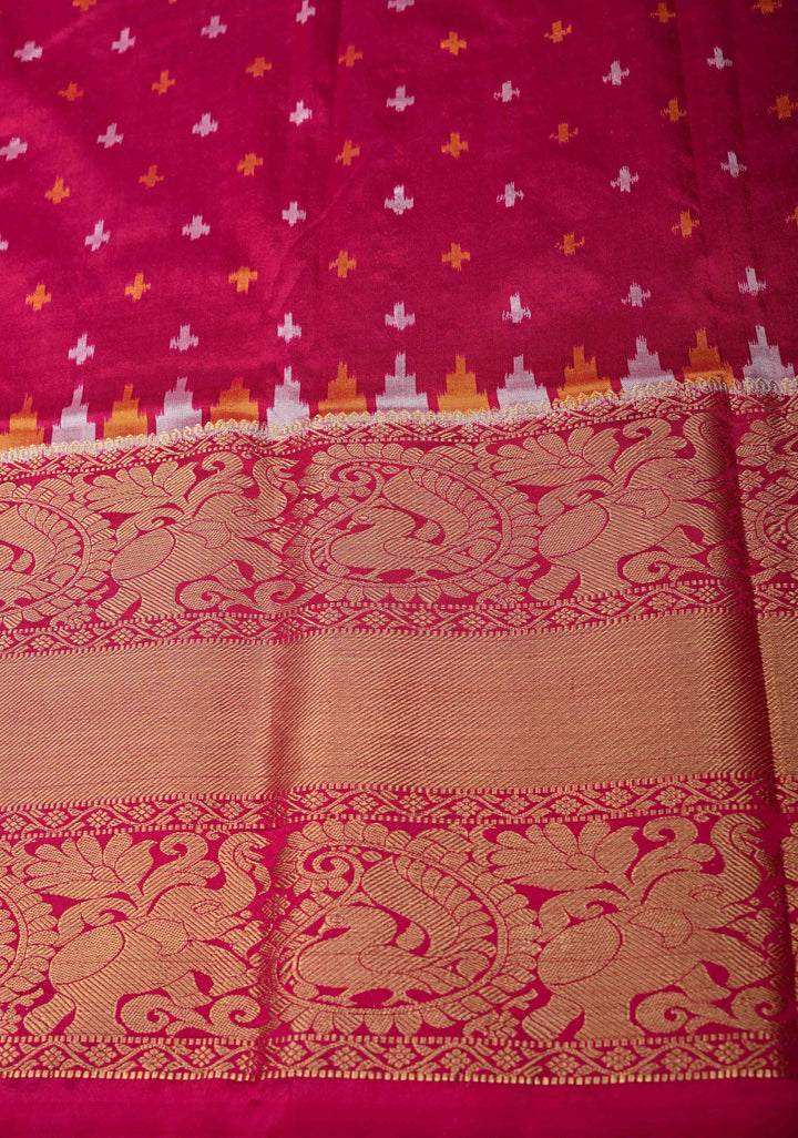 Rama Green Ikkat Kanjivaram Fusion Silk Saree with Ornate Zari Stripes and Contrast Wide Zari Border | SILK MARK CERTIFIED