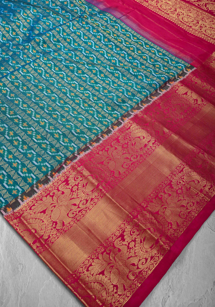 Rama Green Ikkat Kanjivaram Fusion Silk Saree with Ornate Zari Stripes and Contrast Wide Zari Border | SILK MARK CERTIFIED