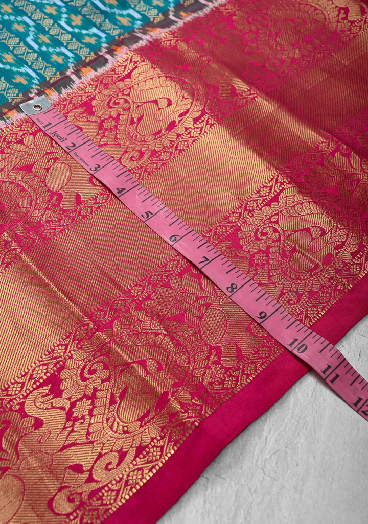 Rama Green Ikkat Kanjivaram Fusion Silk Saree with Ornate Zari Stripes and Contrast Wide Zari Border | SILK MARK CERTIFIED