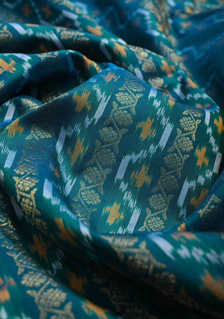 Rama Green Ikkat Kanjivaram Fusion Silk Saree with Ornate Zari Stripes and Contrast Wide Zari Border | SILK MARK CERTIFIED