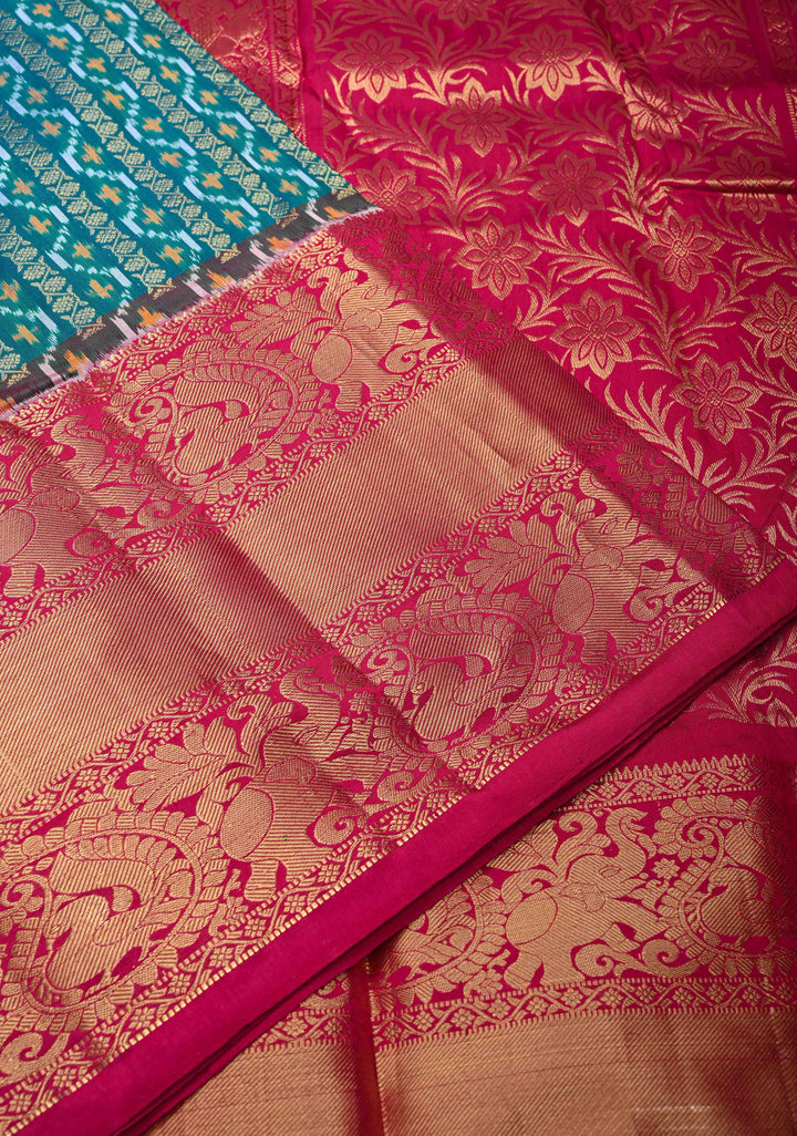 Rama Green Ikkat Kanjivaram Fusion Silk Saree with Ornate Zari Stripes and Contrast Wide Zari Border | SILK MARK CERTIFIED