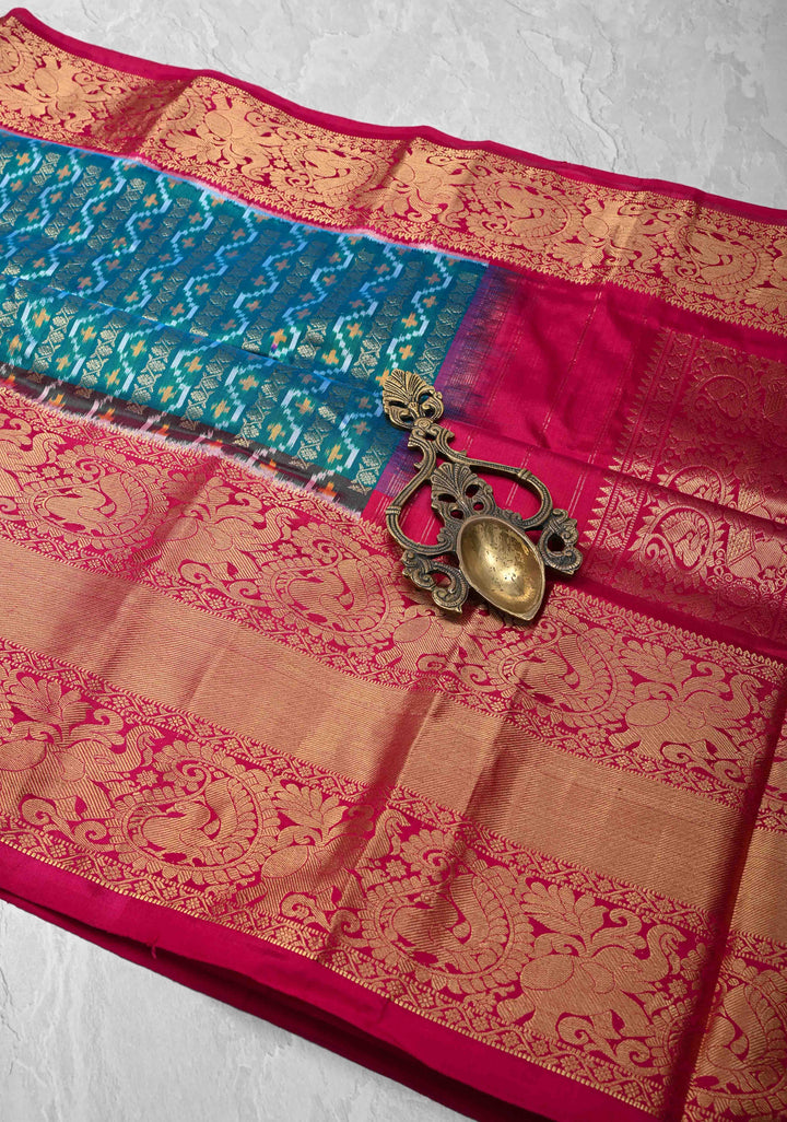 Rama Green Ikkat Kanjivaram Fusion Silk Saree with Ornate Zari Stripes and Contrast Wide Zari Border | SILK MARK CERTIFIED