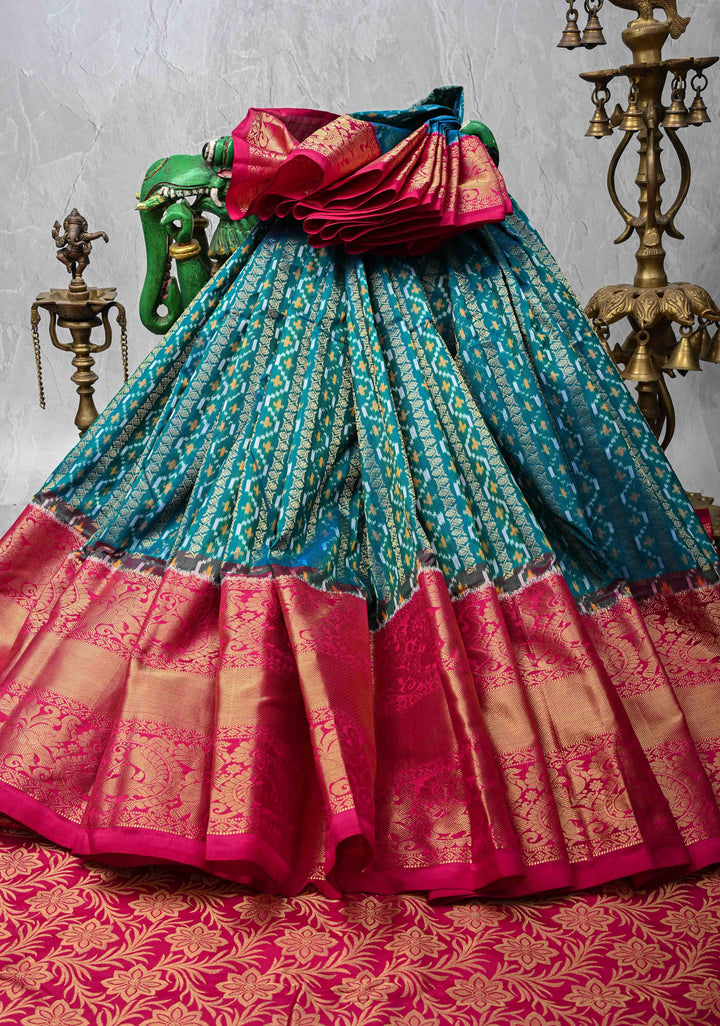 Rama Green Ikkat Kanjivaram Fusion Silk Saree with Ornate Zari Stripes and Contrast Wide Zari Border | SILK MARK CERTIFIED