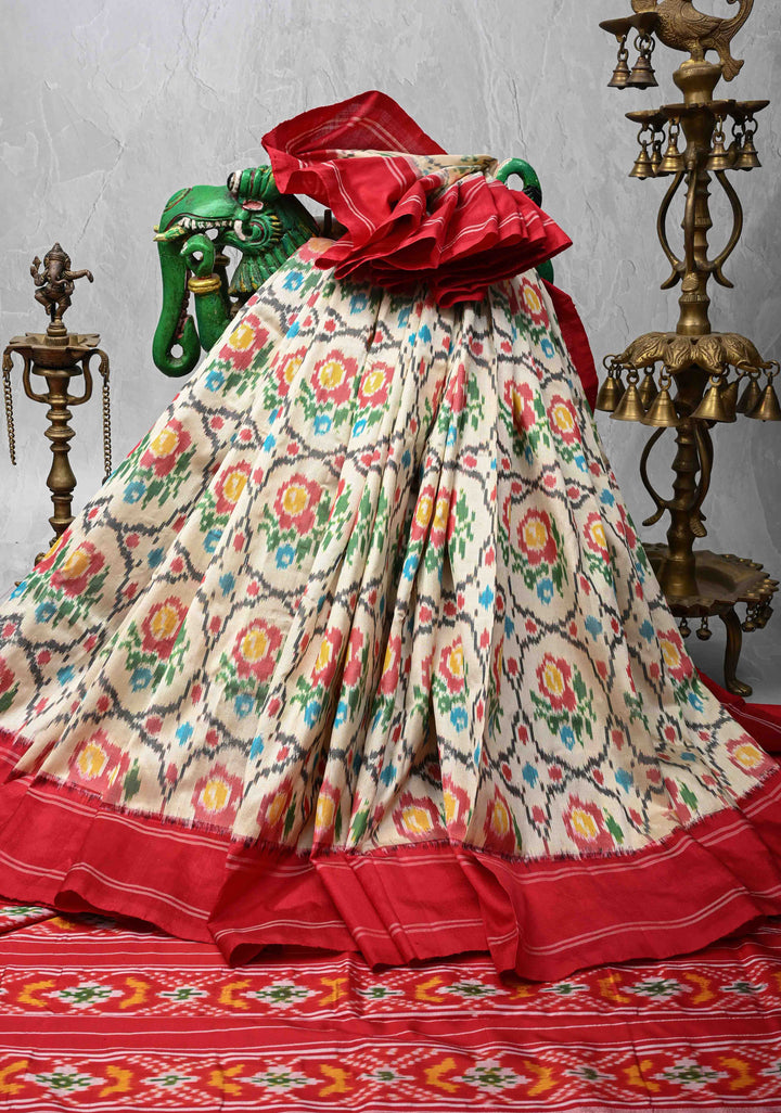 Beige Ikkat Pure Silk Saree with Intricate Floral weave and Contrast Border | SILK MARK CERTIFIED