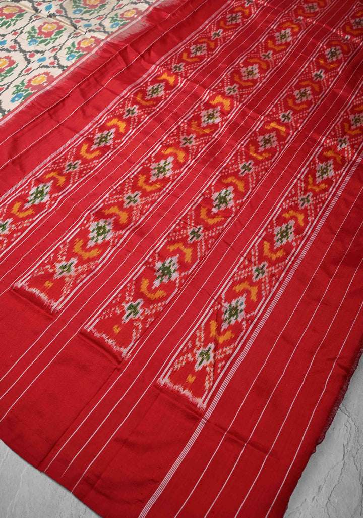 Beige Ikkat Pure Silk Saree with Intricate Floral weave and Contrast Border | SILK MARK CERTIFIED