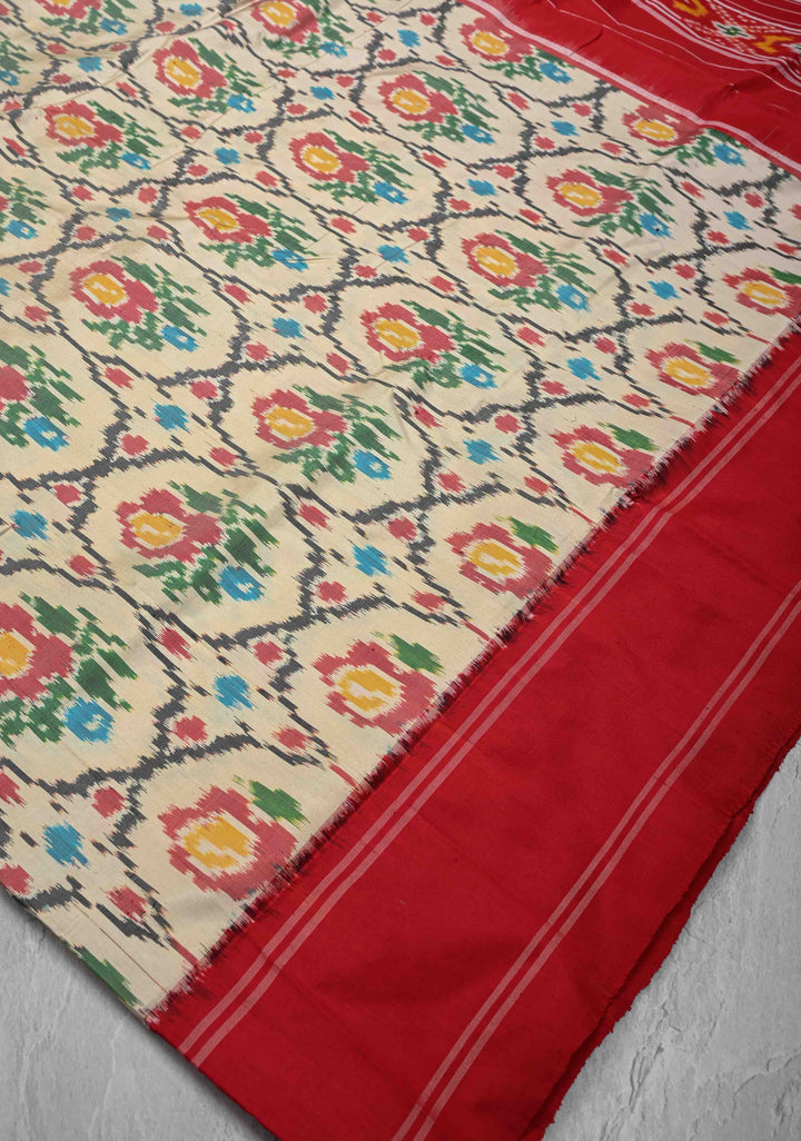 Beige Ikkat Pure Silk Saree with Intricate Floral weave and Contrast Border | SILK MARK CERTIFIED