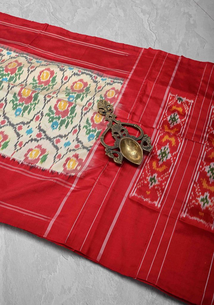 Beige Ikkat Pure Silk Saree with Intricate Floral weave and Contrast Border | SILK MARK CERTIFIED