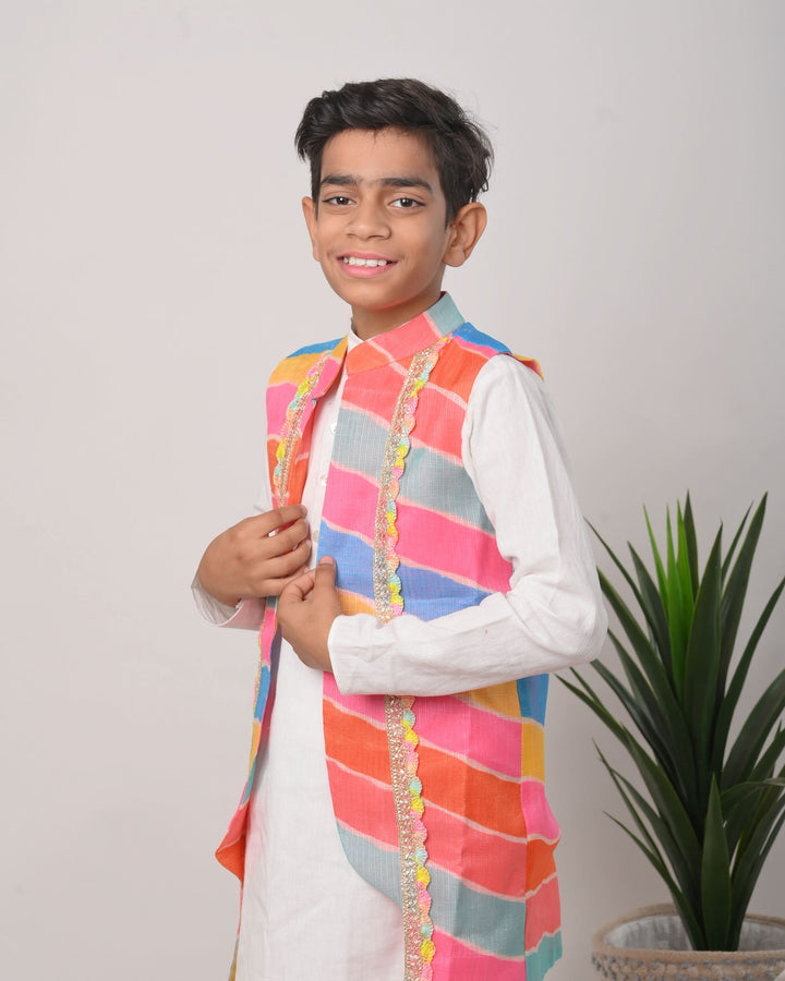Leheriya Delight Jacket with Kurta Pajama 3 PIece Set for Boys | Made To Order