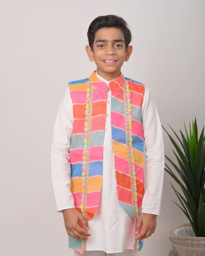 Leheriya Delight Jacket with Kurta Pajama 3 PIece Set for Boys | Made To Order