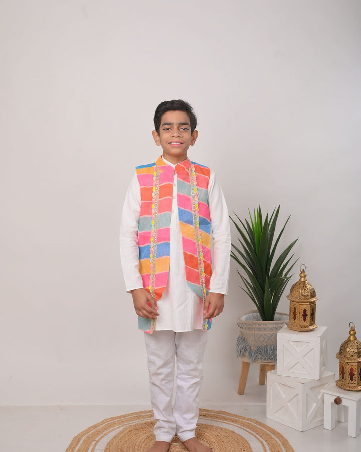 Leheriya Delight Jacket with Kurta Pajama 3 PIece Set for Boys | Made To Order