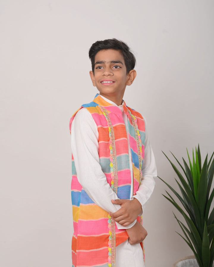 Leheriya Delight Jacket with Kurta Pajama 3 PIece Set for Boys | Made To Order