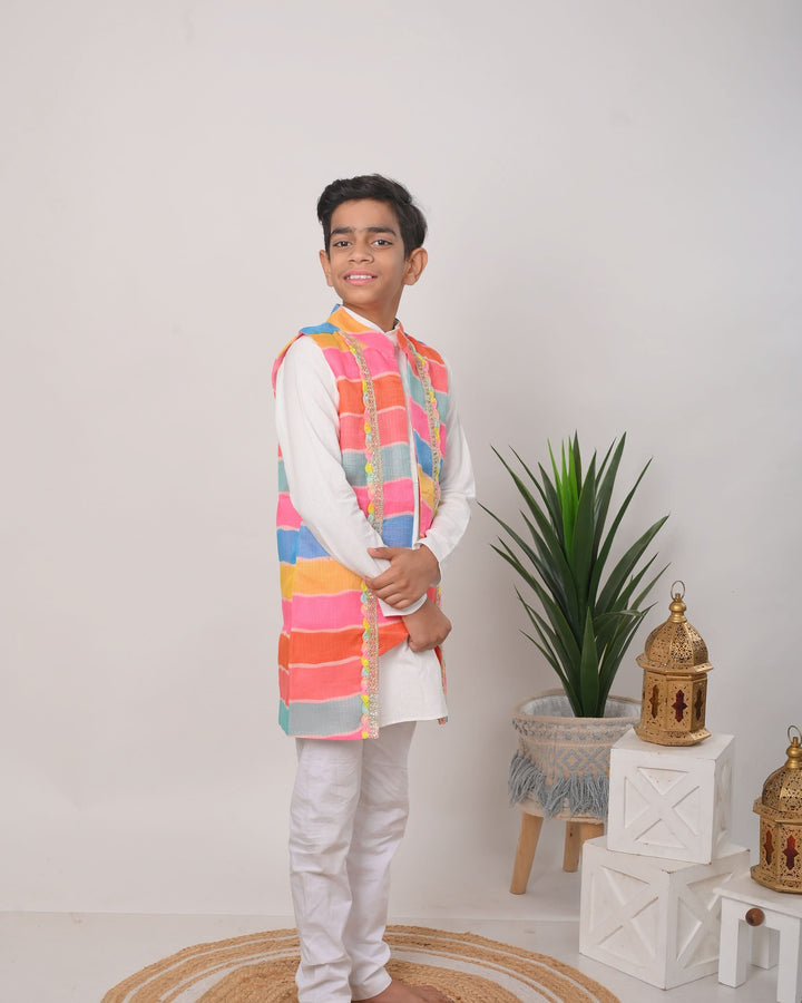 Leheriya Delight Jacket with Kurta Pajama 3 PIece Set for Boys | Made To Order