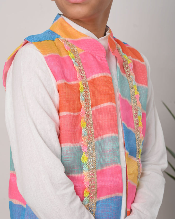 Leheriya Delight Jacket with Kurta Pajama 3 PIece Set for Boys | Made To Order