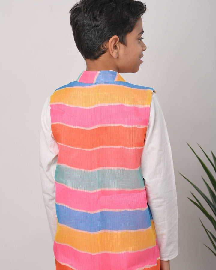 Leheriya Delight Jacket with Kurta Pajama 3 PIece Set for Boys | Made To Order