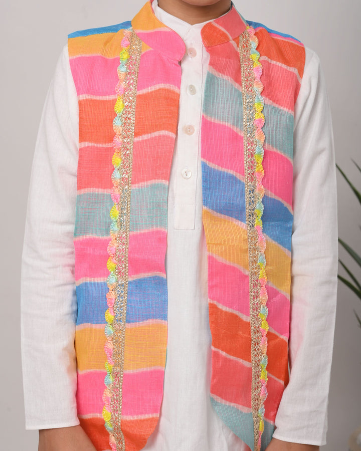 Leheriya Delight Jacket with Kurta Pajama 3 PIece Set for Boys | Made To Order