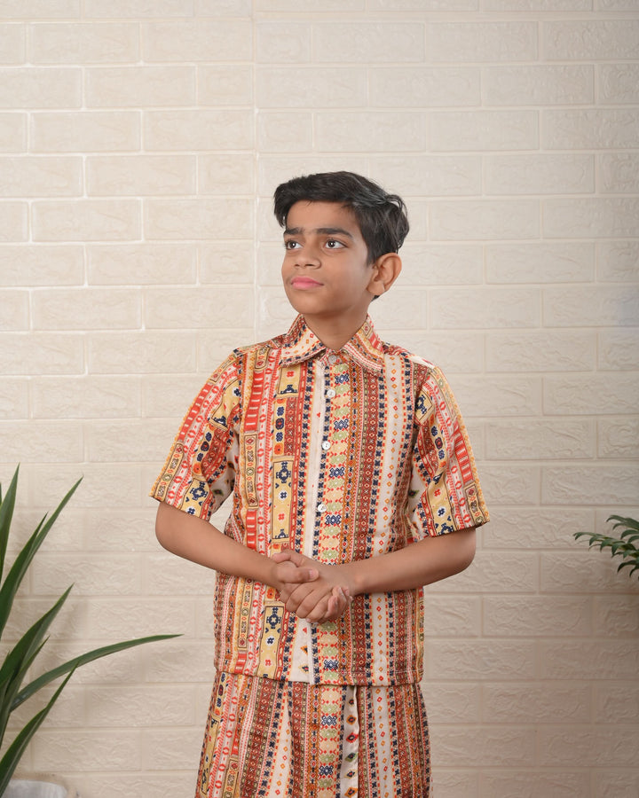 Little Explorer Patola Shirt and Lungi Set | Made To Order