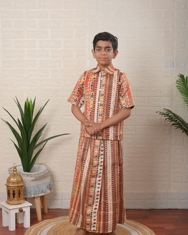 Little Explorer Patola Shirt and Lungi Set | Made To Order