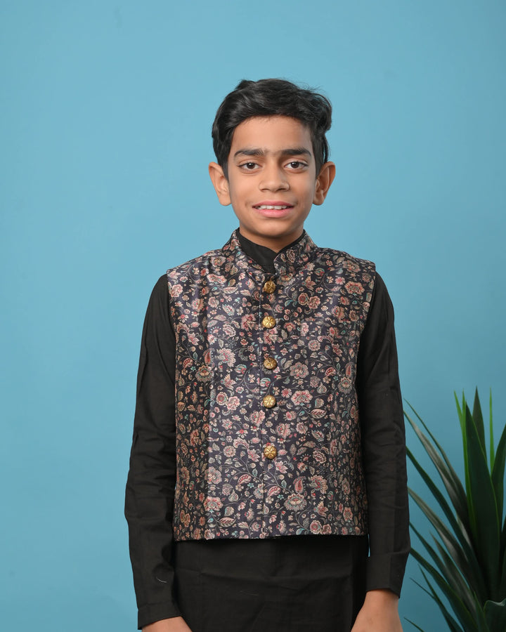 Midnight Garden Kurta pajama with nehru jacket | Shobitam Custom Shirt Made To Order