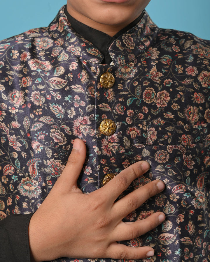 Midnight Garden Kurta pajama with nehru jacket | Shobitam Custom Shirt Made To Order
