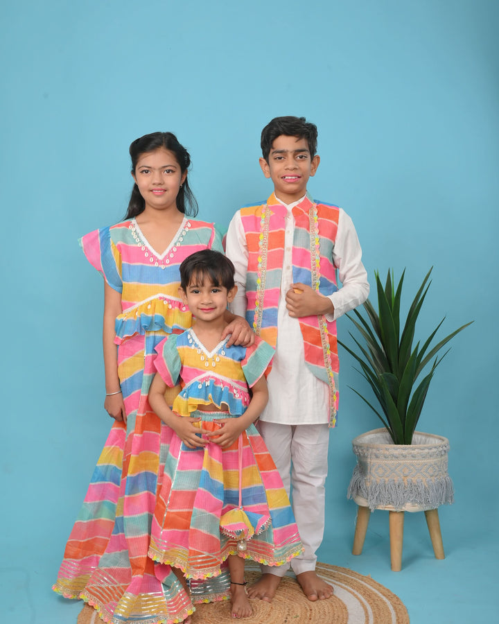 Leheriya Delight Jacket with Kurta Pajama 3 PIece Set for Boys | Made To Order