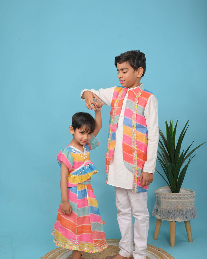 Leheriya Delight Jacket with Kurta Pajama 3 PIece Set for Boys | Made To Order
