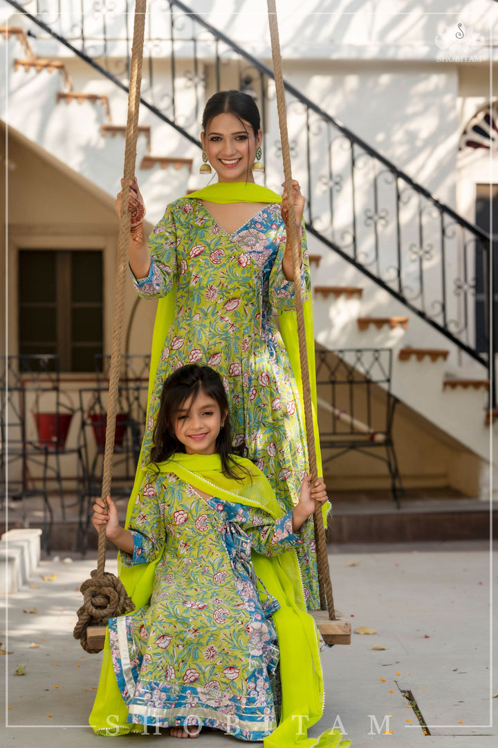 Girl Kid 3 Piece Anarkali Set in Lime Green and Ferozi Blue Hand Block print Cotton | Shobitam Made To Order