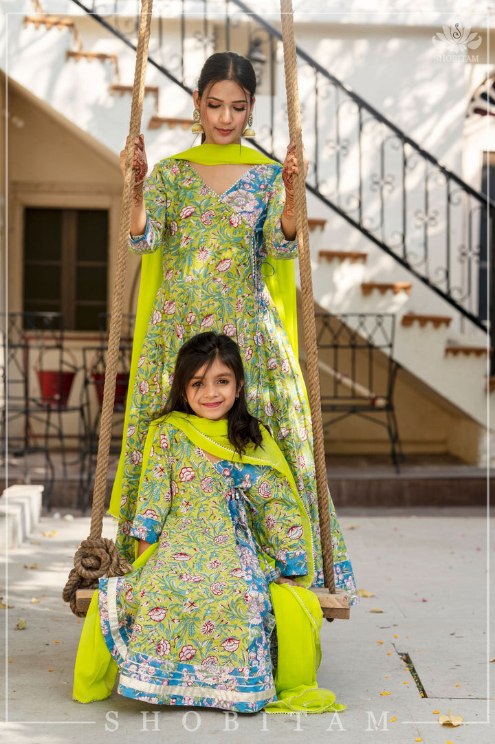 Girl Kid 3 Piece Anarkali Set in Lime Green and Ferozi Blue Hand Block print Cotton | Shobitam Made To Order