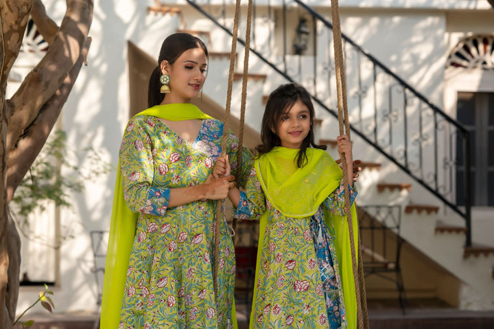 Girl Kid 3 Piece Anarkali Set in Lime Green and Ferozi Blue Hand Block print Cotton | Shobitam Made To Order