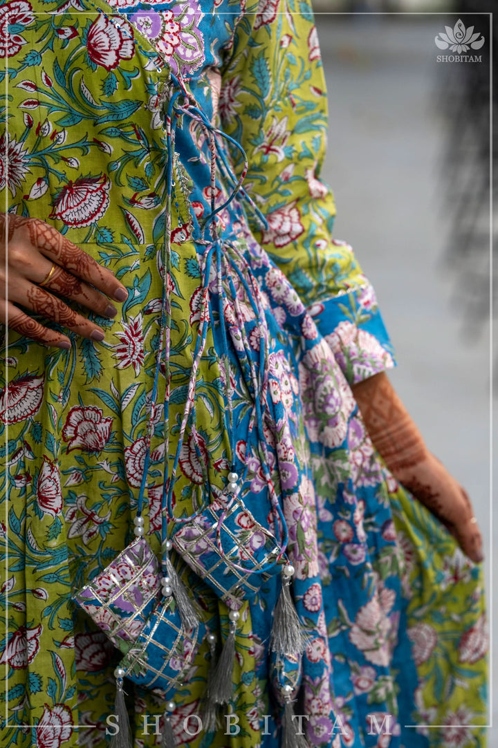 Girl Kid 3 Piece Anarkali Set in Lime Green and Ferozi Blue Hand Block print Cotton | Shobitam Made To Order