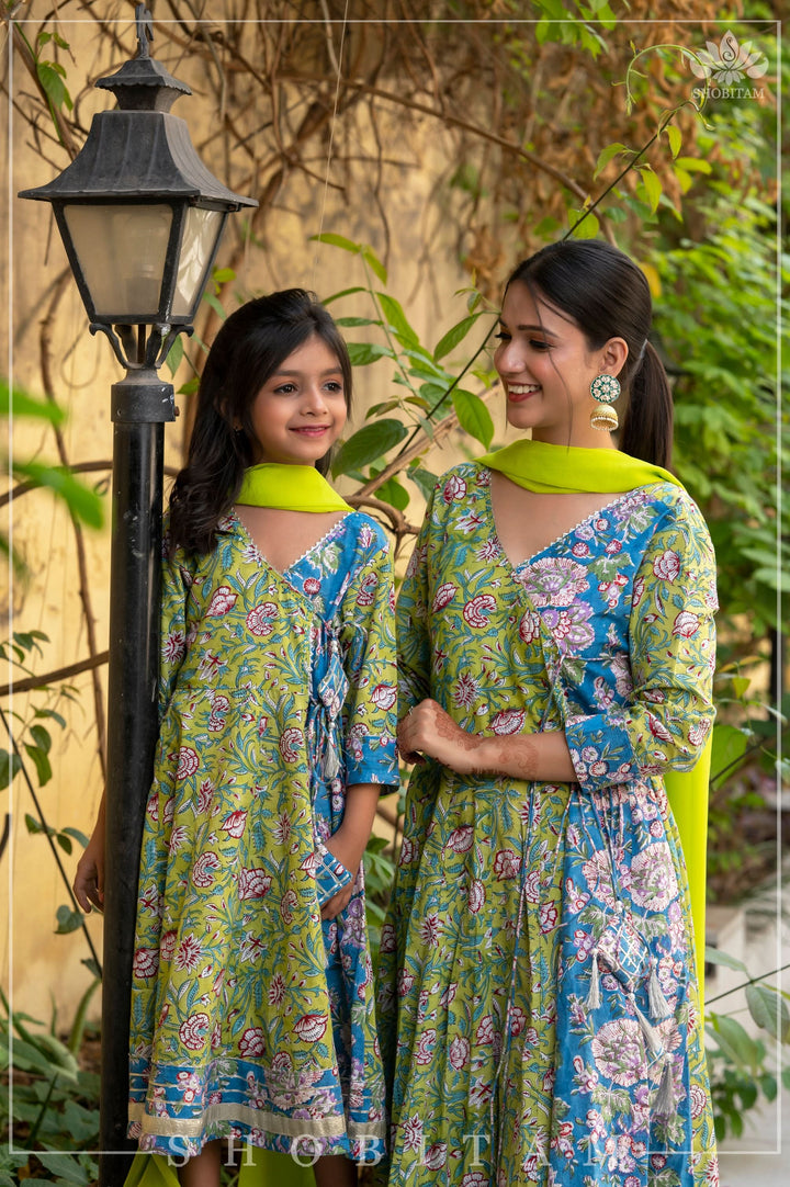 Girl Kid 3 Piece Anarkali Set in Lime Green and Ferozi Blue Hand Block print Cotton | Shobitam Made To Order