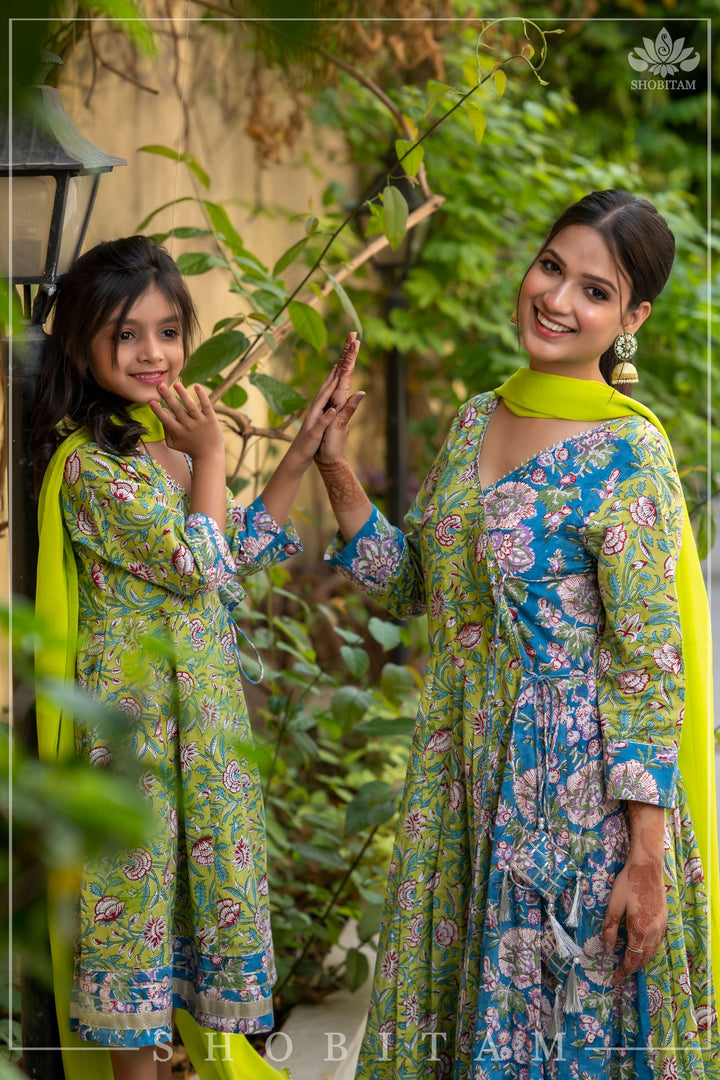 Girl Kid 3 Piece Anarkali Set in Lime Green and Ferozi Blue Hand Block print Cotton | Shobitam Made To Order