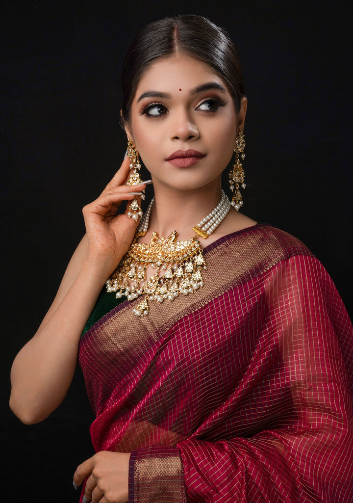 Statement Twin Peacock White Kundan Necklace Set with three rows of beads and 4.2" Long Earrings