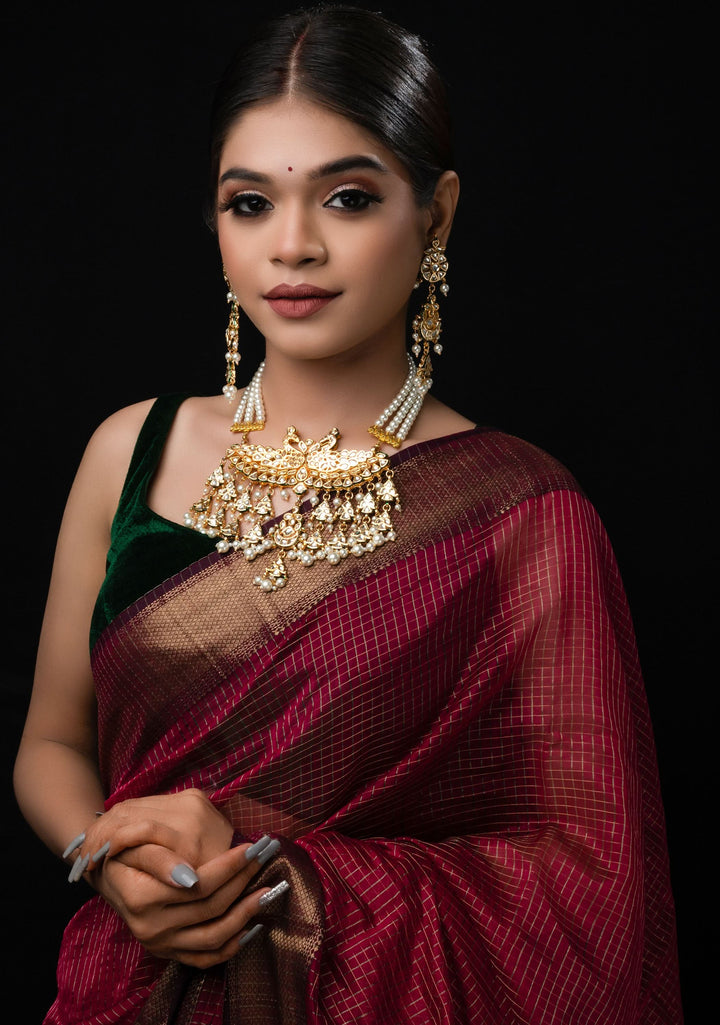 Statement Twin Peacock White Kundan Necklace Set with three rows of beads and 4.2" Long Earrings