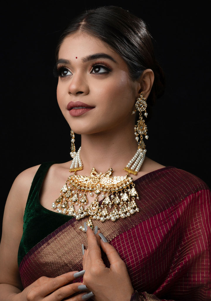 Statement Twin Peacock White Kundan Necklace Set with three rows of beads and 4.2" Long Earrings