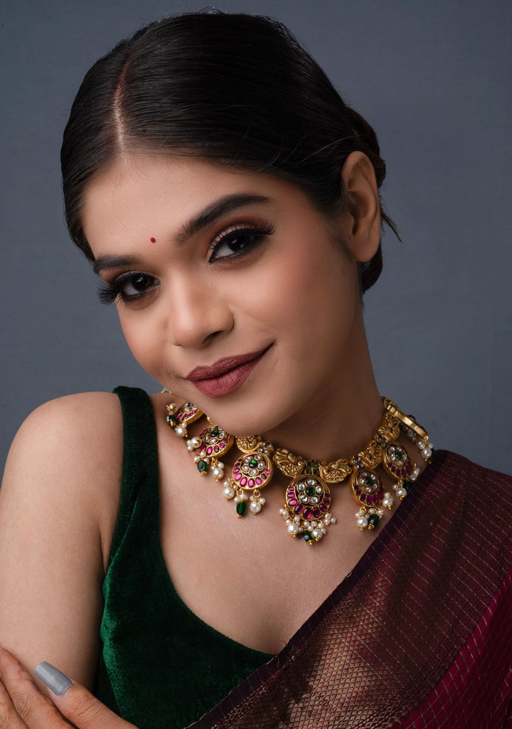 Temple Jewelry Jadau Necklace Set in Moon and Star designs with Gold Finish